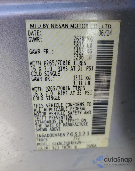 2014 Nissan Frontier S from USA, damaged, VIN 1N6AD0EV4EN765121